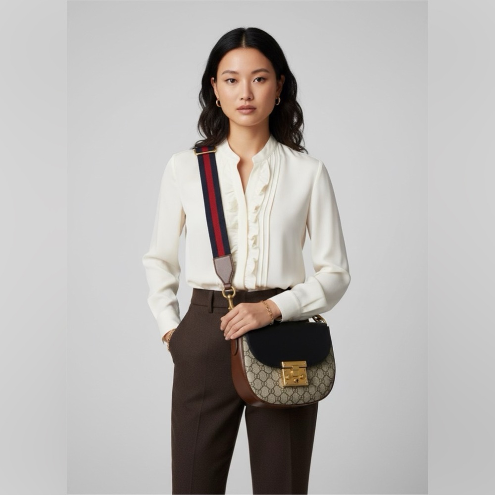 Authentic Gucci GG Supreme Padlock Shoulder/Crossbody Bag with Web Strap